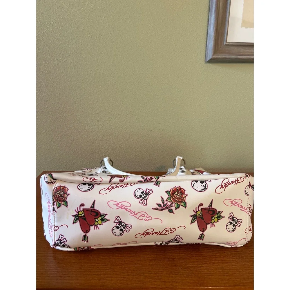Ed Hardy Tattoo Print Shoulder Bag White Skull Rose Heart Y2K Satchel Tote